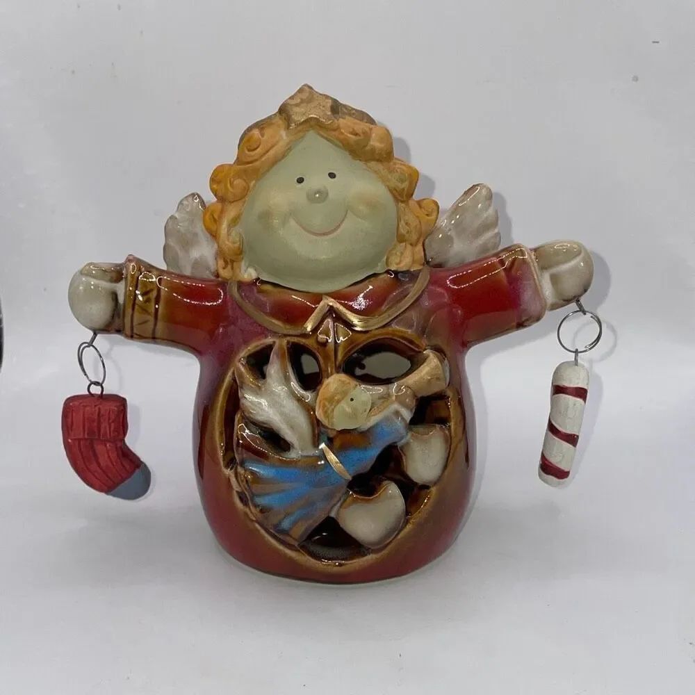 Ceramic Standing Holiday Angel Holding Stocking Candy Cane 4.75"TX5"W Christmas